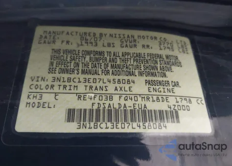 2007 Nissan Versa 1.8S z USA, uszkodzony, nr VIN 3N1BC13E07L458084